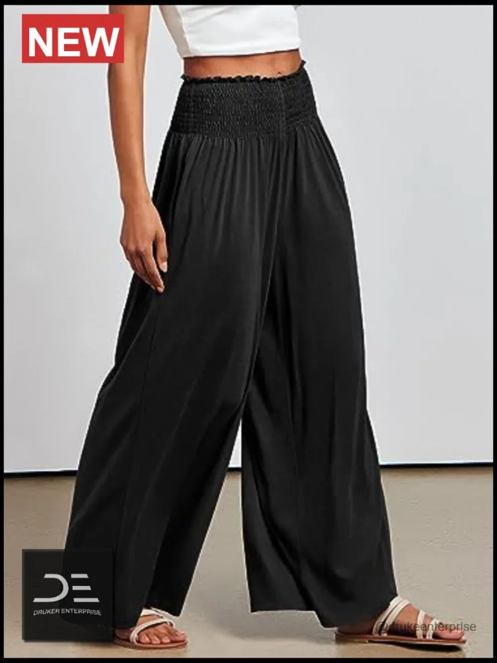 Wide Leg Palazzo Pants with Pockets, High Rise Smocked Waist, Summer Boho - Picture 4 of 7